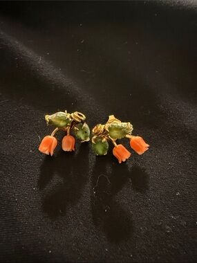 vintage Swoboda carved coral and jade earrings